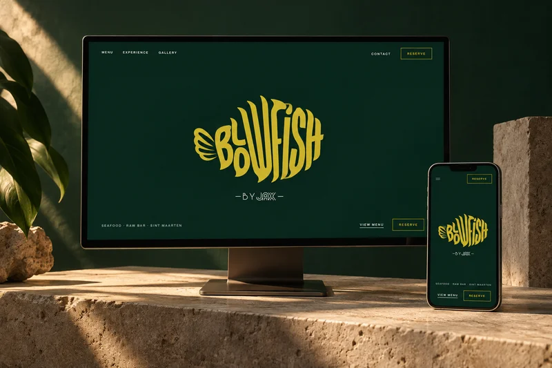 Blowfish website with a gold fish-shaped wordmark on deep green