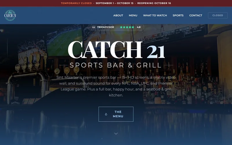 Catch 21 website presenting its sports bar and grill in Sint Maarten