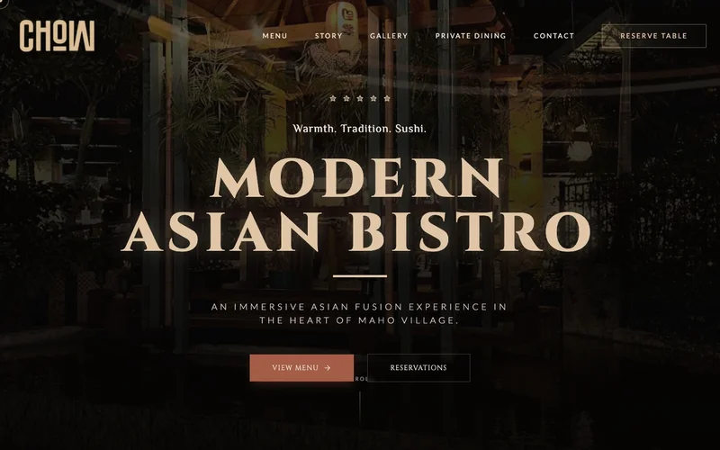 Chow website with its Modern Asian Bistro introduction and food photography