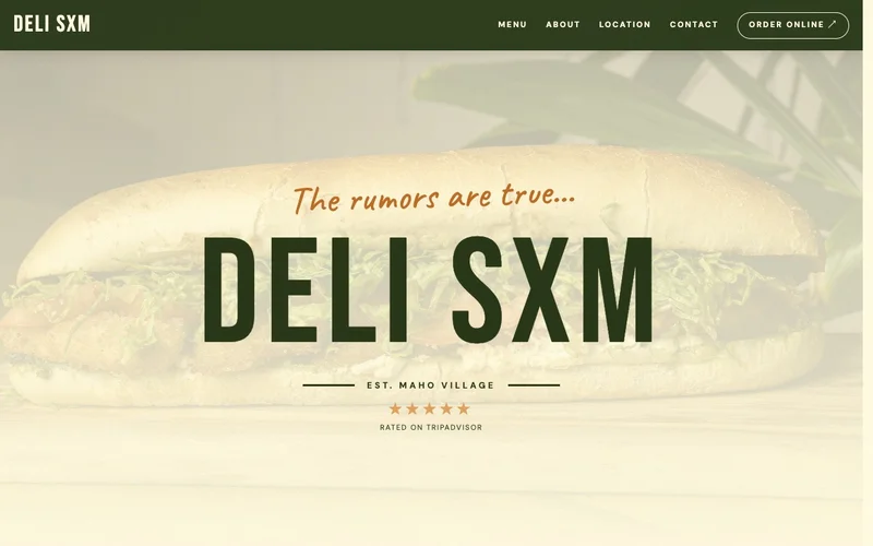 Deli SXM website with a colourful introduction to its Maho Village café