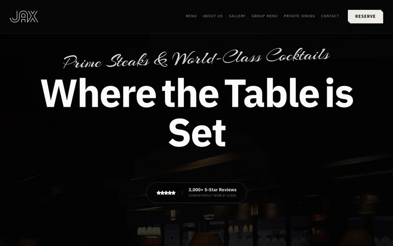 JAX Steakhouse website with its dining-room introduction and menu highlights
