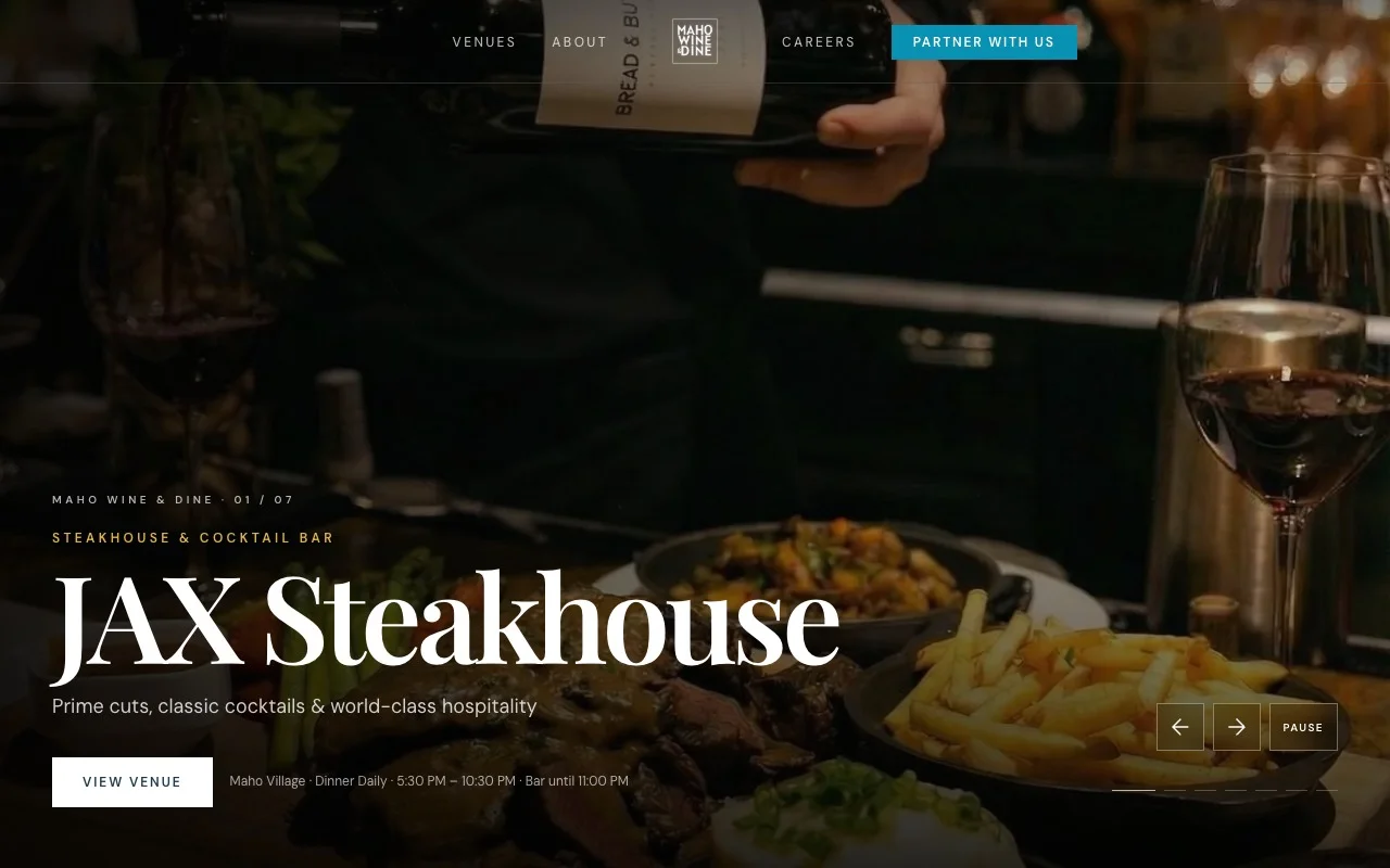 Maho Wine & Dine website, desktop layout