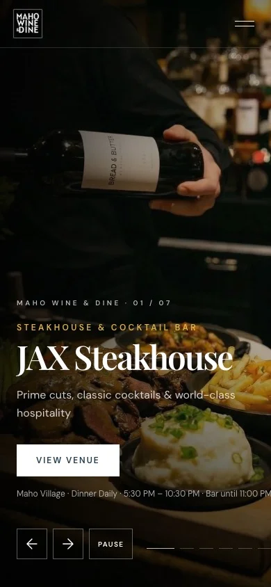 Maho Wine & Dine website on a phone