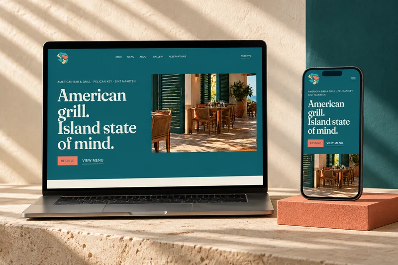 Pelican Social website with warm serif typography, teal and a sunlit terrace image