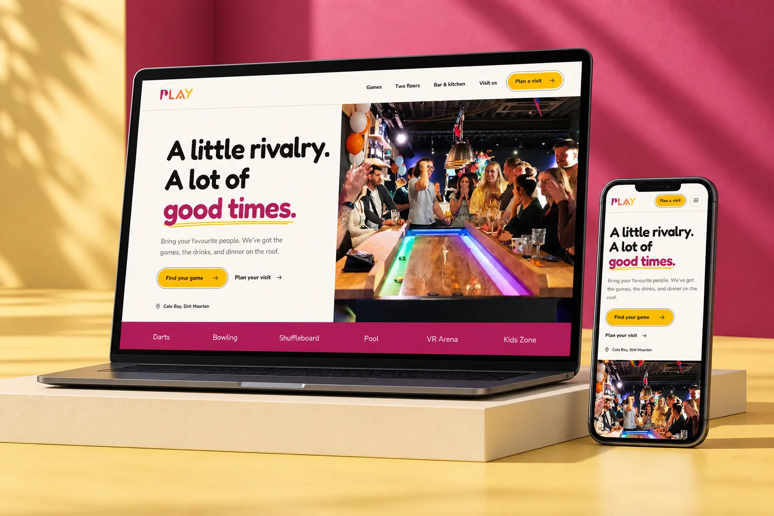 The Play website on a laptop and phone, in pink and yellow