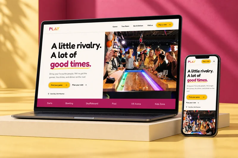 Play website with bold typography, pink and yellow accents and a social games scene